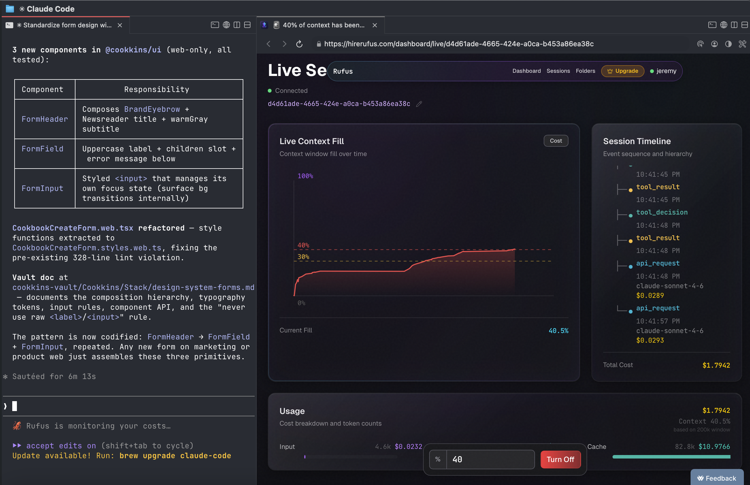 Live context fill chart with threshold alarm firing at 40%